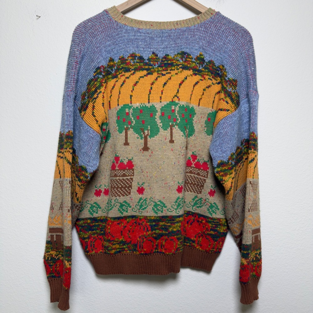 VTG Women Cardigan Sweater Large Farm Harvest Scarecrow Apple Orchard Novelty - Picture 10 of 10